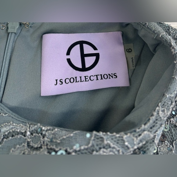 JS Collections Sleeveless Lace Sequin Gown Long Dress Gray Silver Womens Size 6 - Picture 12 of 16